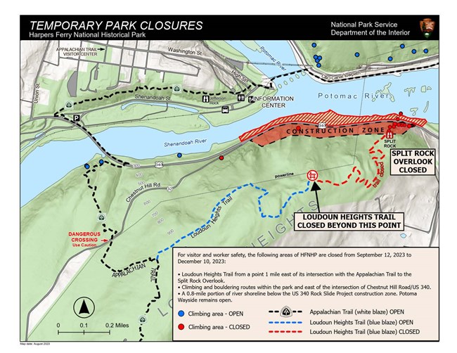 Map showing closure of shoreline, trail, and climbing areas due to construction. Refer to accompanying text on the webpage for specifics.