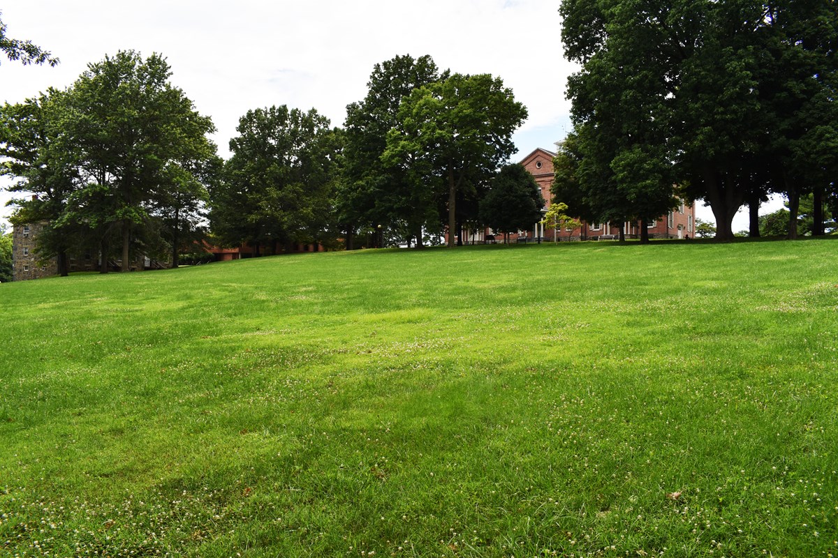 Large, grassy lawn in front of a large, two-story brick building surrounded by trees