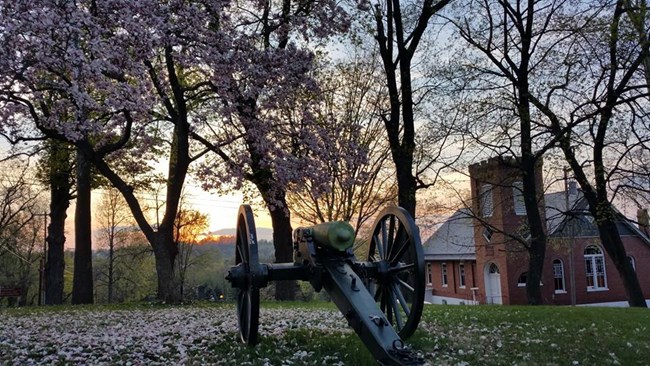Cannon along Appalachian Trail and Camp Hill during sunset. Overlooking the old Shipley school.