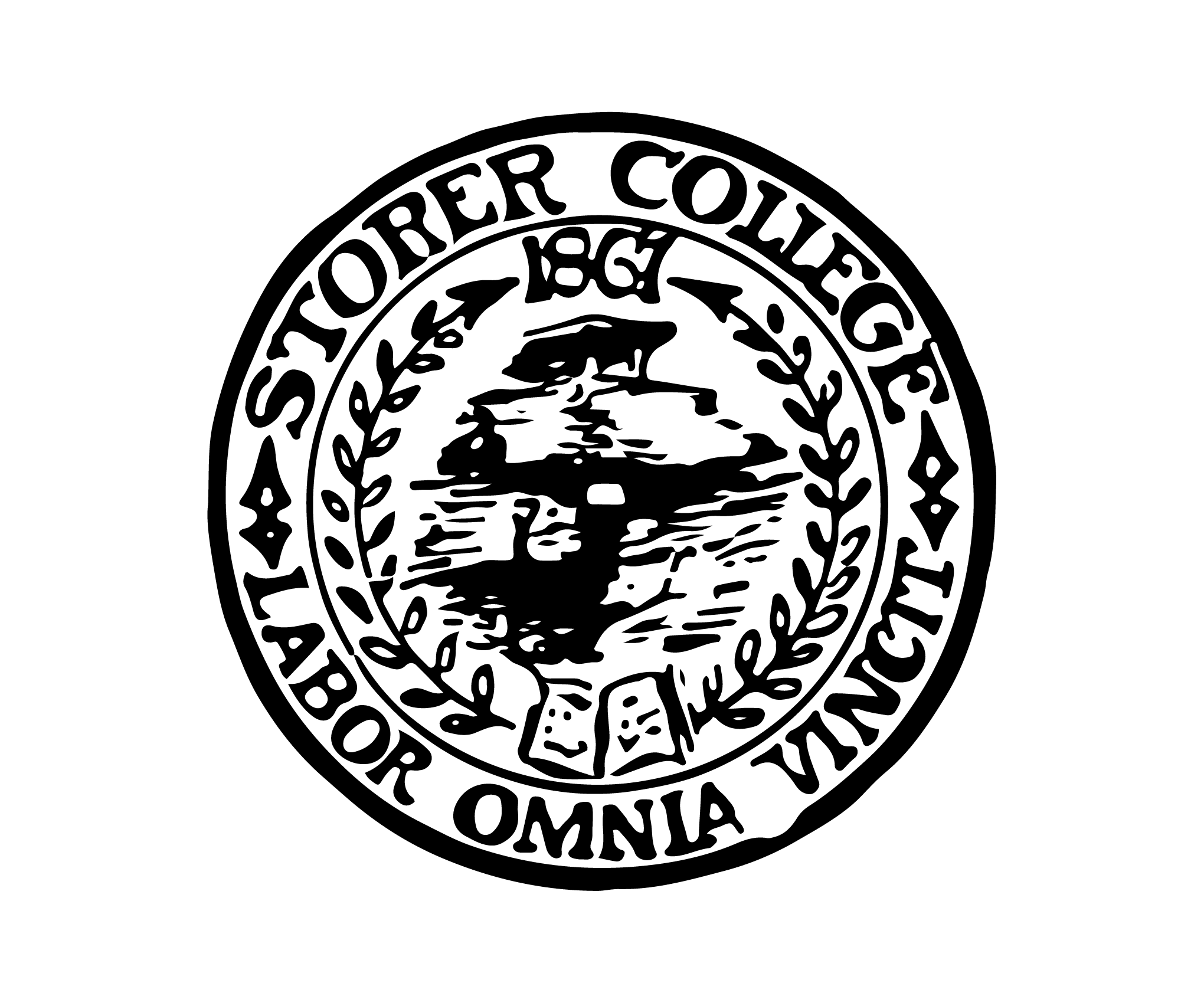 Storer College seal in black and white; says Storer College 1867, Labor Omnia Vincit; with drawing of Jefferson Rock in the middle