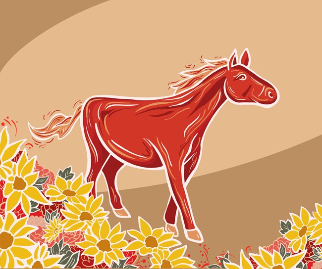 An illustrated horse, colored in red with tones and highlights of white, brown, and red. Illustrated yellow and pink flowers are clustered at the horses feet.