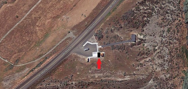 Ariel image of the Snake River Overlook. Red arrow points to demonstration area.