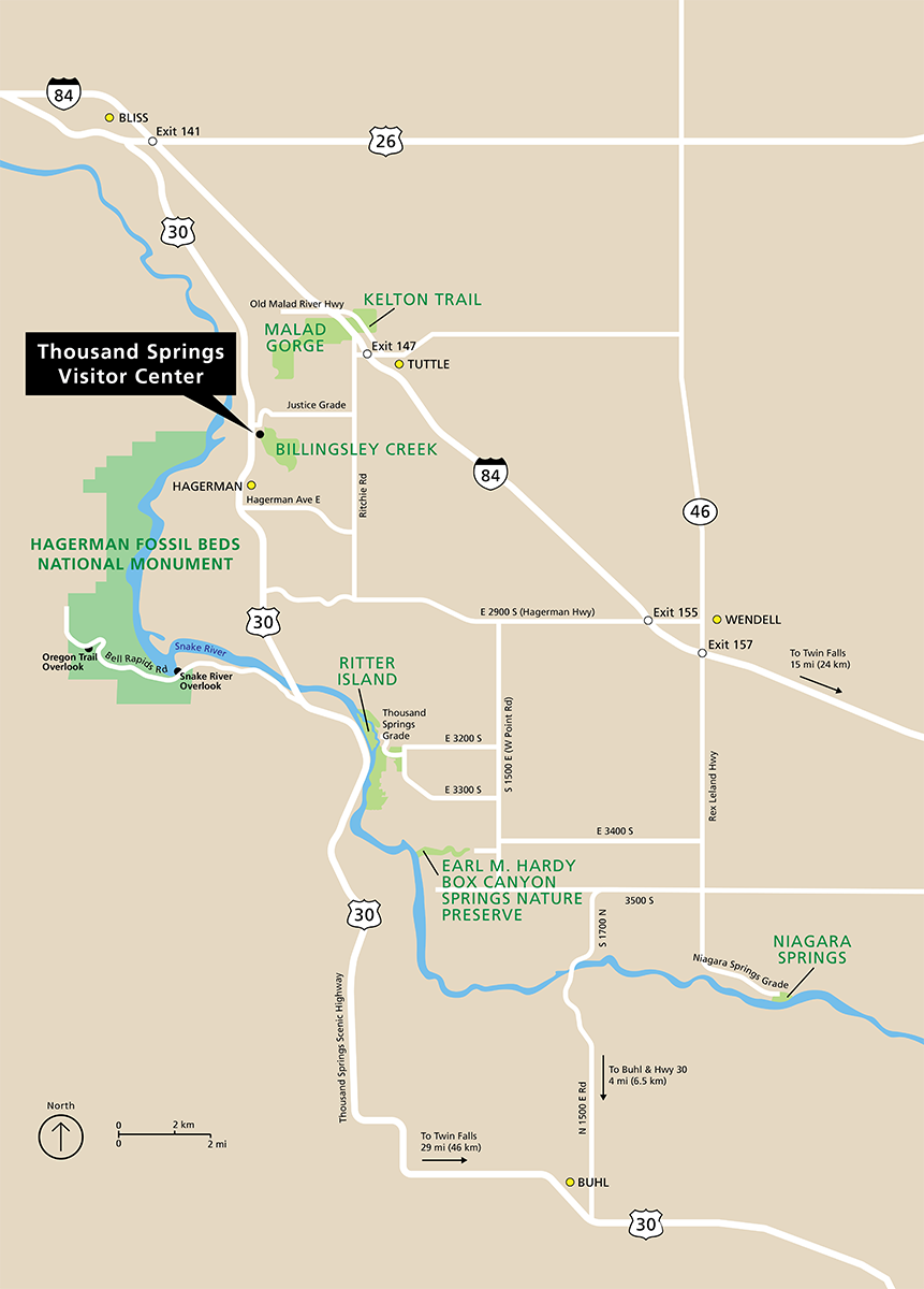 A regional map showing Hagerman Fossil Beds National Monument and the six units of Thousand Springs State Park