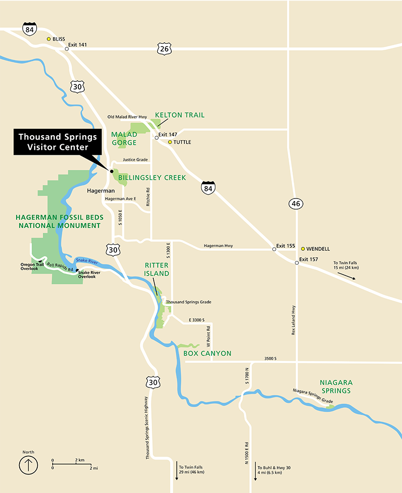 A map shows the locations of Hagerman Fossil Beds, along with the six units of Thousand Springs State Park.