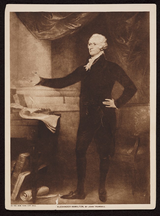 A full-length illustrated portrait of a man in a black colonial period outfit extending one arm towards papers on a table.