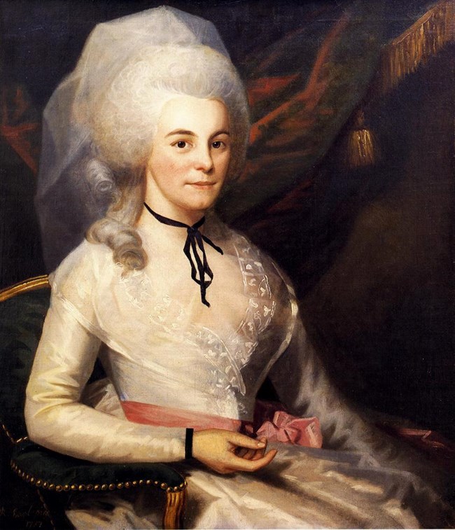 A painted portrait of a woman in a white dress and powdered hair.