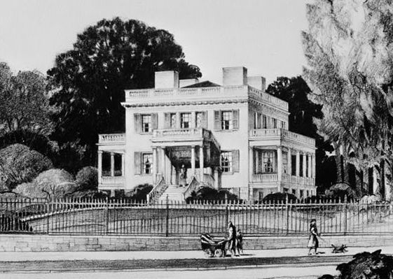A black and white drawing of a large house.