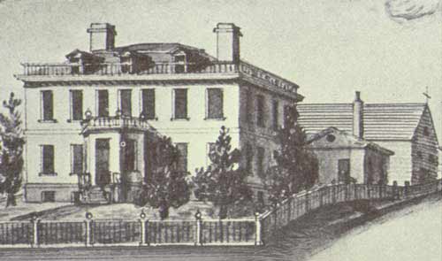 Black and white illustration of a square mansion.