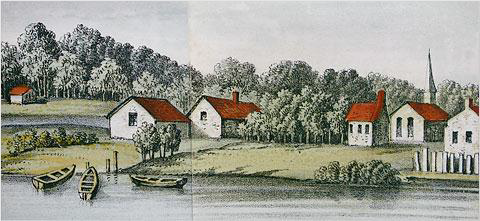 An illustration of a bucolic hillside with small houses and a river with boats.