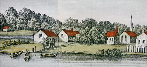EarlyHarlem An illustration of a bucolic hillside with small houses and a river with boats.