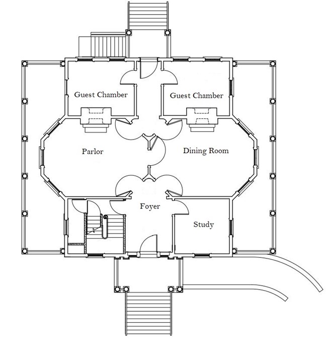 Blueprint of Hamilton Grange First Floor. Two octagonal rooms, the parlor and dining room, dominate the floor. Also contains the study, and two small chambers on the northern side of the house.