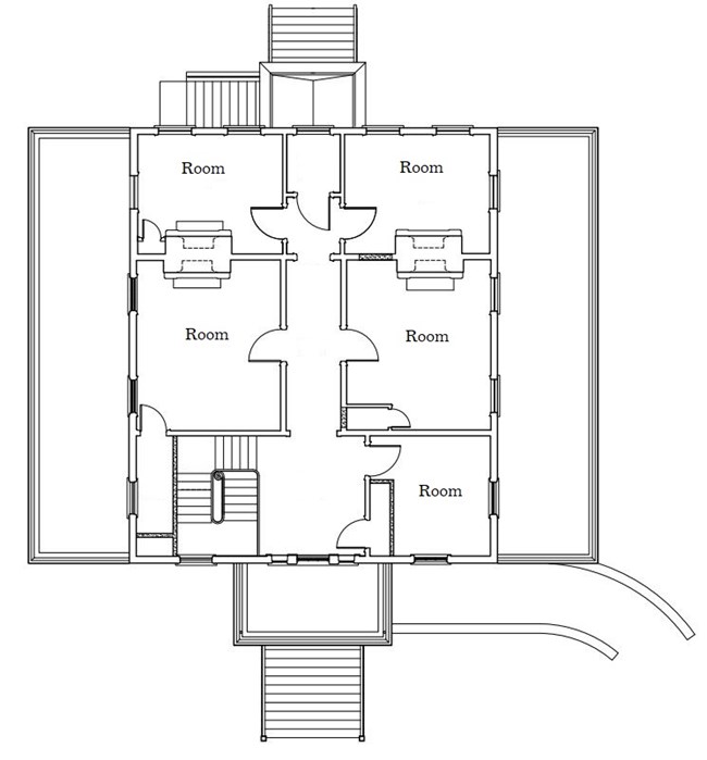 This floor of The Grange contains two equal-size bedrooms, a smaller bedroom, and a living room which fills the northern side of the house. It has been partitioned into two rooms with later renovations.