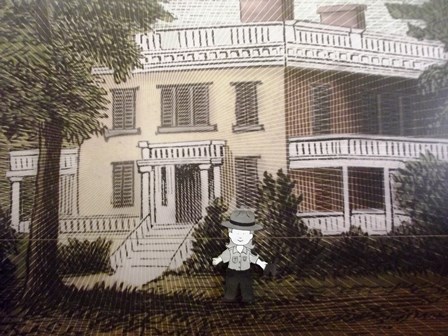 A cutout Flat Ranger illustration in front of a Hamilton Grange illustration.