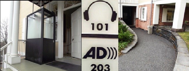 A collage of images: an elevator lift, audio described tours, and a ramp into the building.