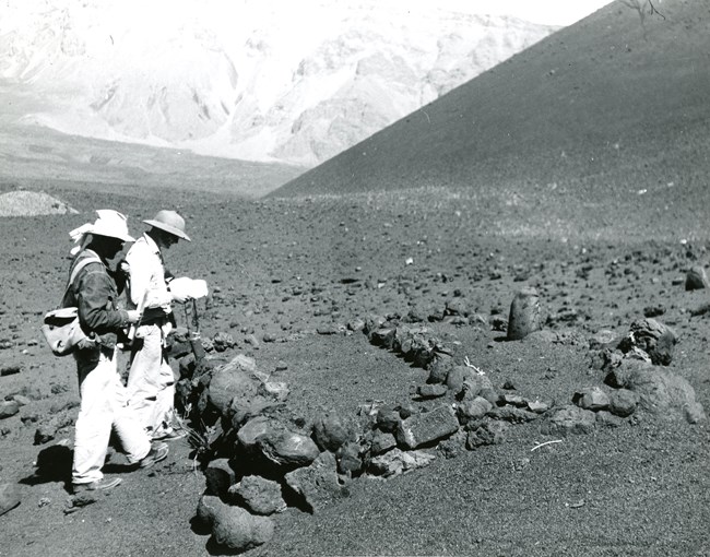 two men looking at an archeological site.