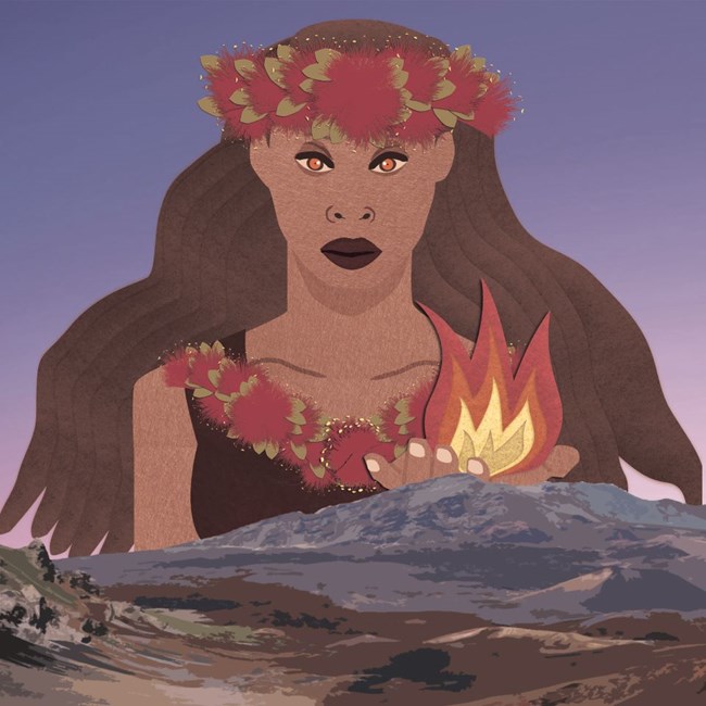 woman with dark hair and red flower crown holds a flame
