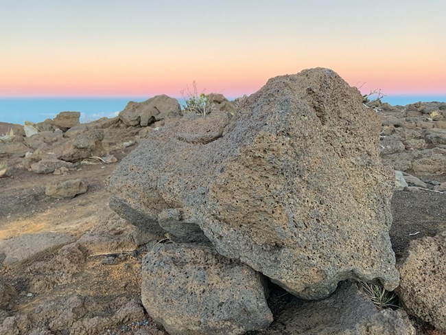 A field of dark volcanic boulders backdropped by a pink and blue sky.