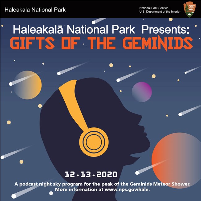 Gifts of the Geminids Podcast graphic of girl with headphones on staring at the night sky.