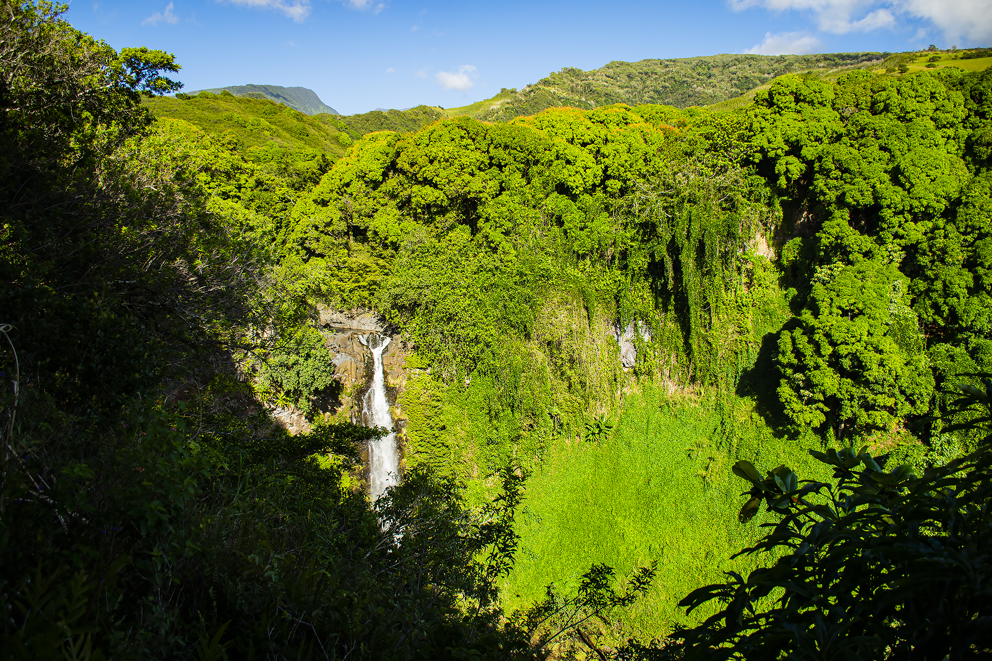 Makahiuku Falls waterfall in the distance with greenery