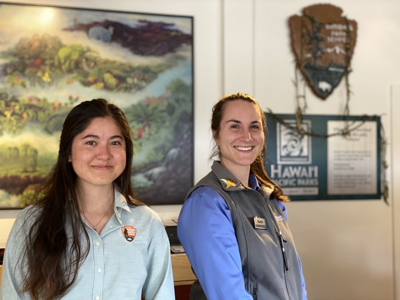 Haleakala E Ola Koa Year Long Intern and Hawaii Pacific Parks Associate 2020 NPS Photo by J.Prugsawan two women stand side by side at desk