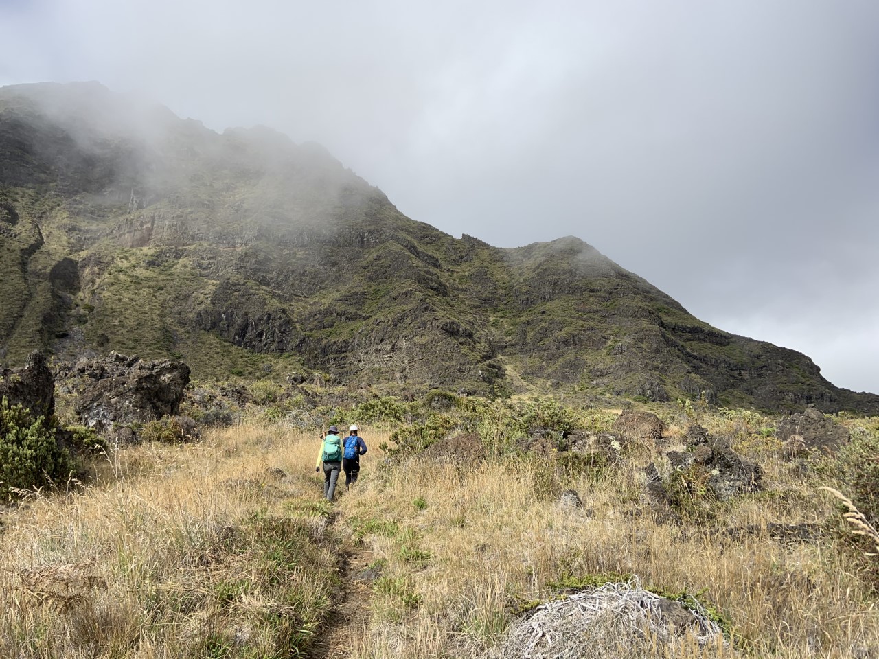NPS Photo Two people hiking near Halemau'u two people hiking on trail with grassy areas and a volcanic mountainous landscape