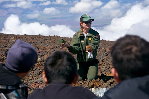 Resource Manager Michelle Osgood demonstrates how to plant silversword "keiki."