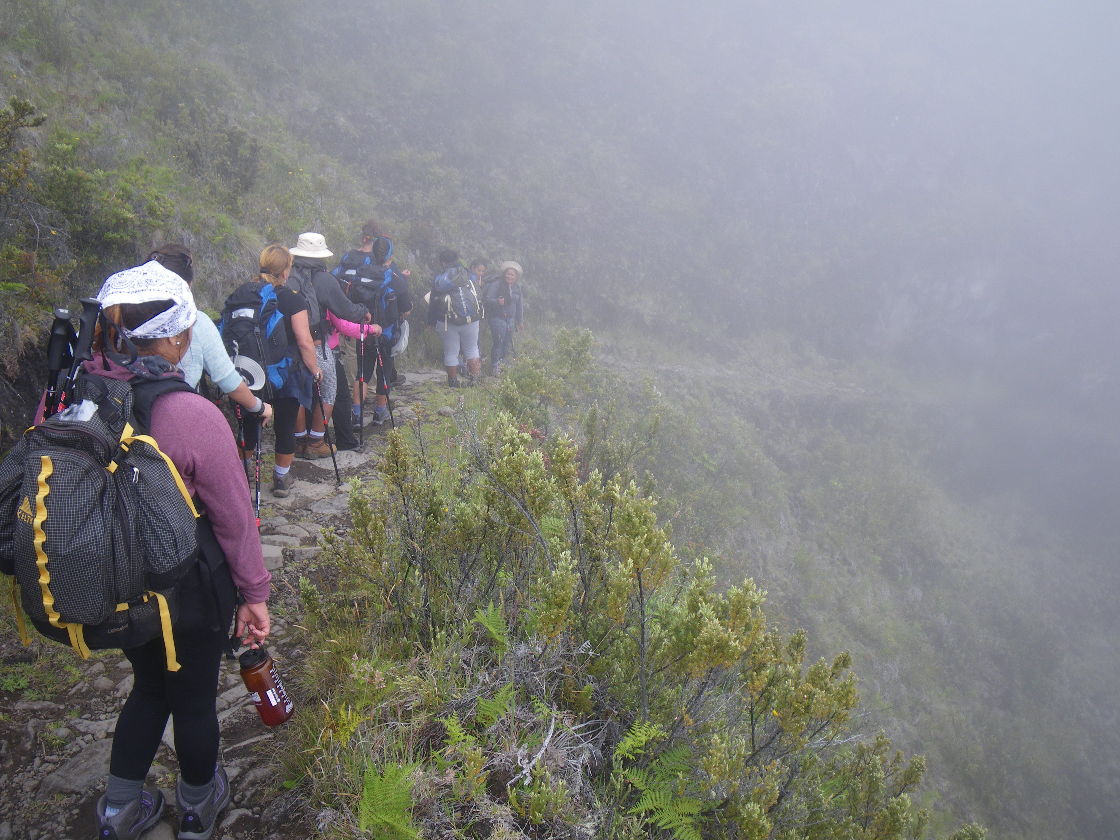 Girls court hiking the switchback trail in fog.