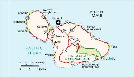 map graphic of the island of Maui with roads and Haleakalā National Park delineated