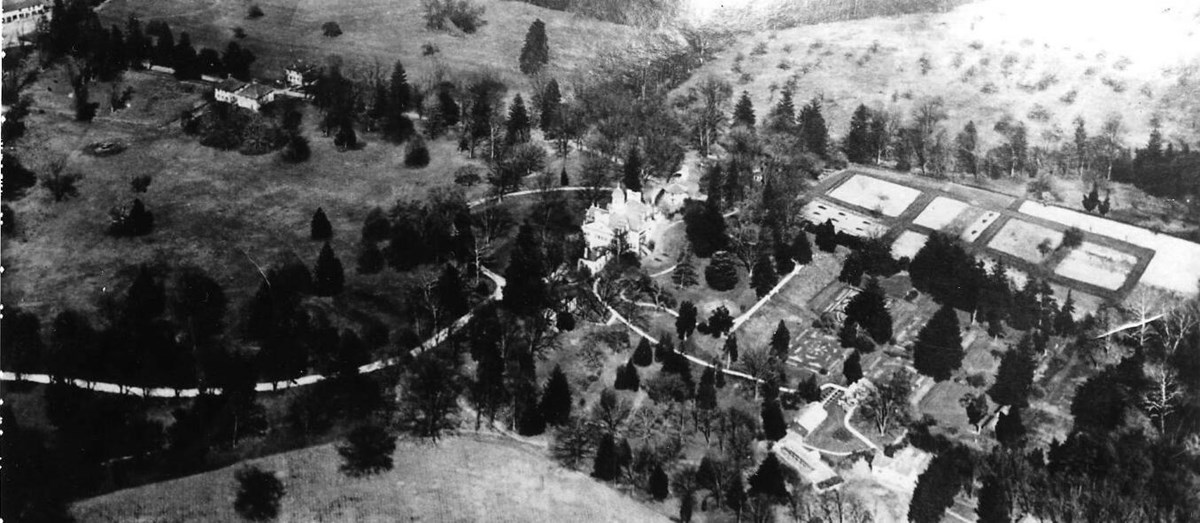 A black and white aerial photograph of the Hampton estate.