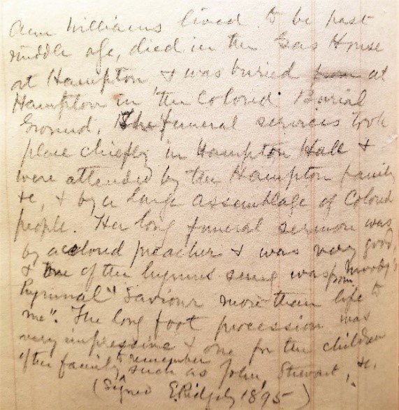 E. Ridgely's description of Anne Davis Williams's funeral.