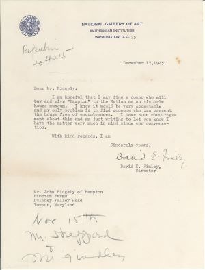 A typed letter from David Finely to John Ridgely