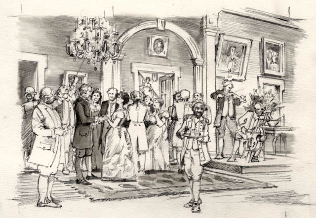 A sketch depicting a scene of a ball at the Hampton mansion.
