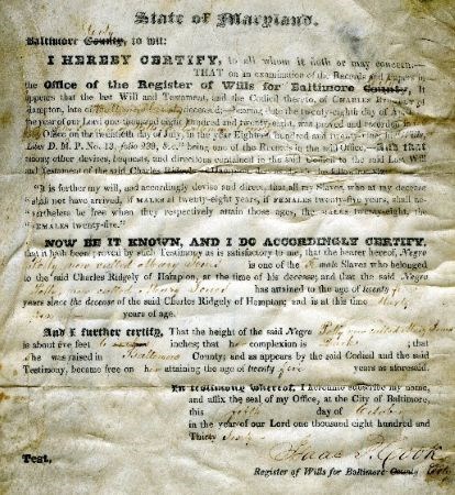 Mary Jones’s certificate of freedom, 1860
