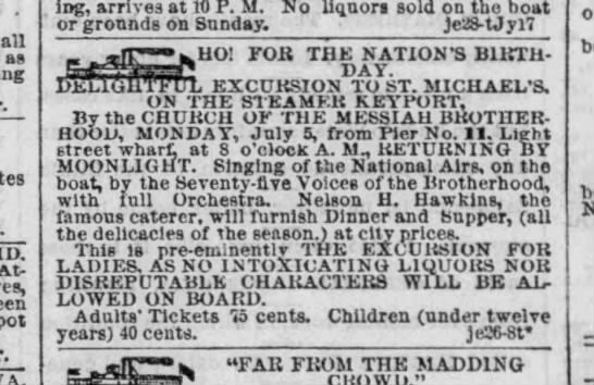 Advertisement for cruise, food supplied by “famous caterer” Nelson Hawkins, Baltimore Sun, June 26, 1880.