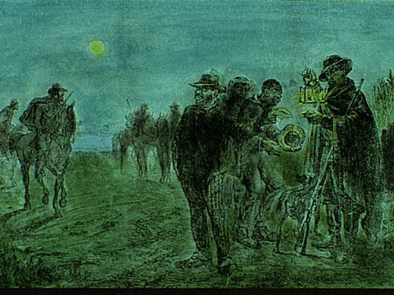 Drawing of People on a dirt road at night