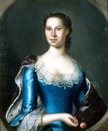 Painting of Rebecca Dorsey Ridgely in a blue dress.