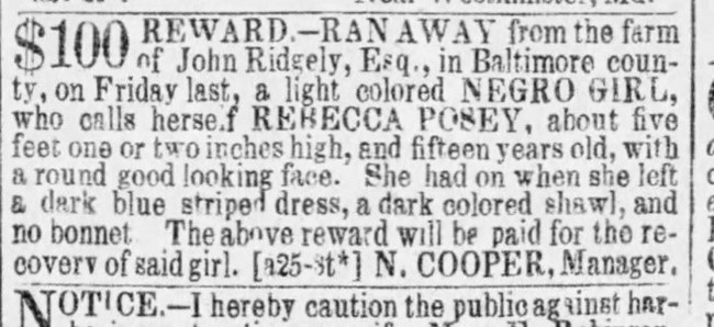Runaway ad for Rebecca Posey, Baltimore Sun, August 26, 1852