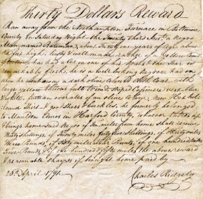 Advertisement of reward offered by Charles Ridgely for return of Bateman, an enslaved freedom seeker