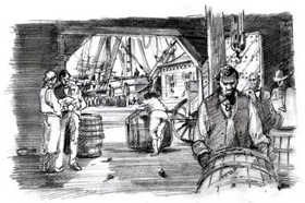 A sketch showing workers in a dock.