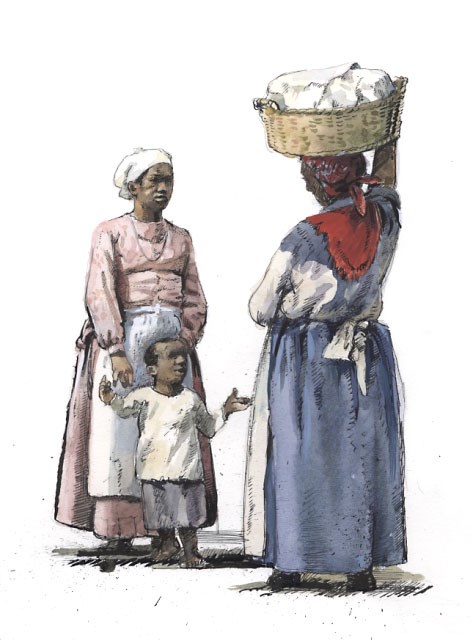 A painting depicting an enslaved woman and her child talking to another enslaved woman.