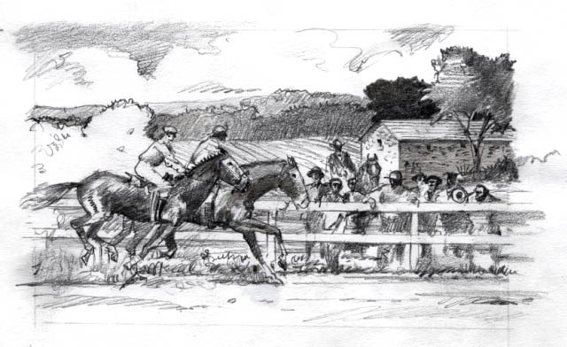 Sketch showing a horse race on the Hampton grounds.