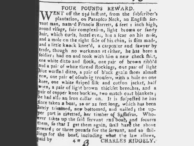 Ad in newspaper for an Indentured Servant seeking their freedom.