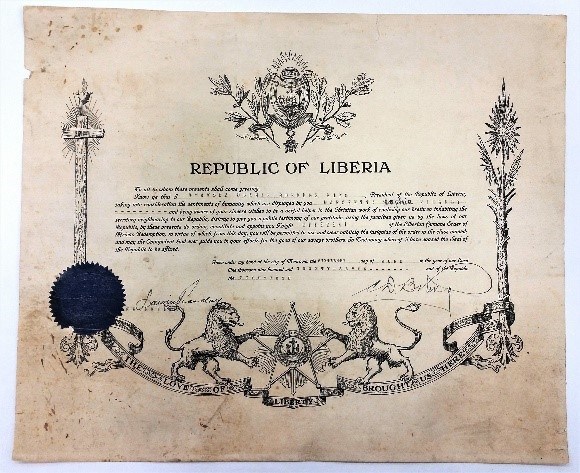 Certificate of the Knighthood from the Republic of Liberia to Margaretta S. Ridgely.