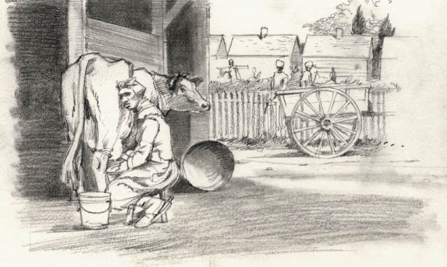 A sketch of an enslaved woman milking a cow.