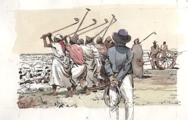 Painting depicting enslaved women in a field and an overseer with a whip.