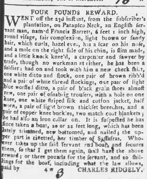 One of several runaway ads for indentured servant Francis Barrett, also known as Francis Carpenture, Maryland Gazette, June 29, 1775.