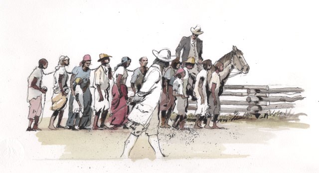 painting depicting a slave coffle, groups of enslaved people chained together being marched under guard.