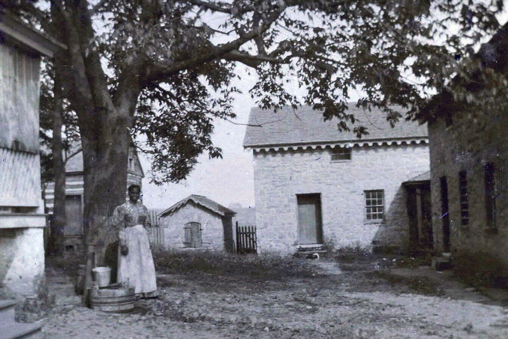 woman standing outside farm buildings next to tree