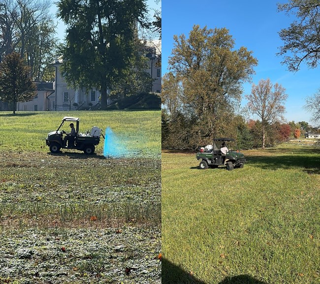 Side-by-side of maintenance spraying and running through the meadows