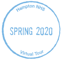 A blue and white cancellation stamp that has the words "Hampton NHS Spring 2020 Virtual Tour" on it.